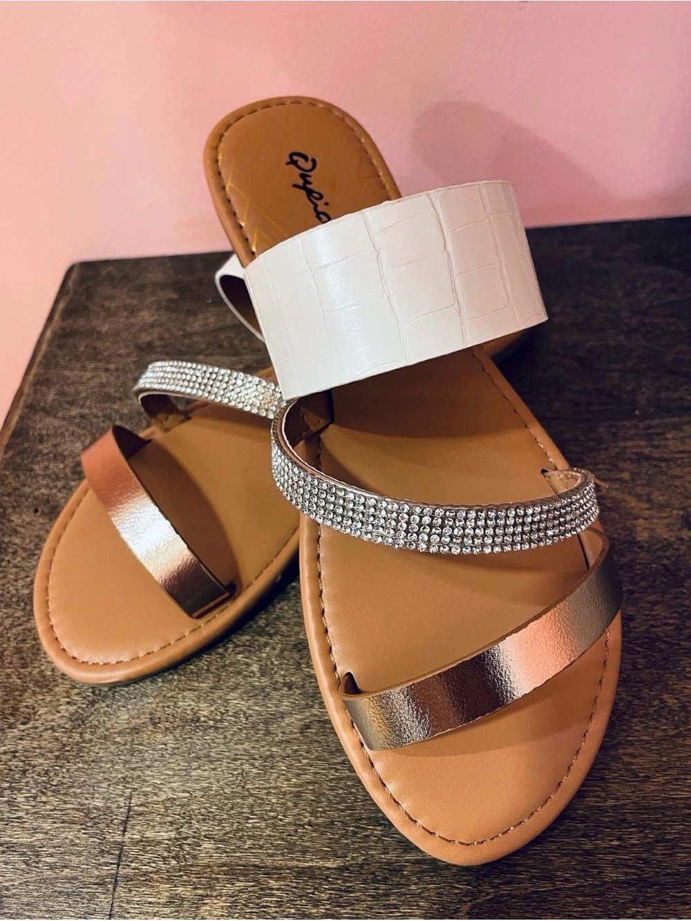 Qupid Women's Slide Sandal in White, Rose Gold & Crystal